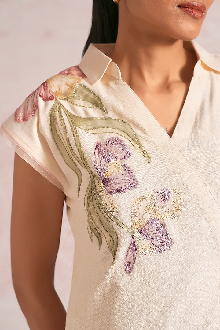 Parchment-Colored Linen Blend Applique Embellished Midi Summer Dress by Kaveri at Pernia's Pop Up Shop