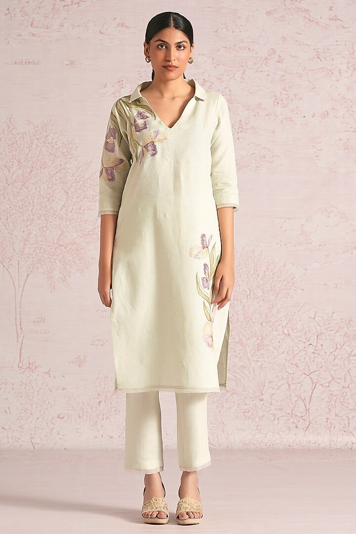 Bonny Green Linen Blend Printed & Embroidered Kurta Set by Kaveri at Pernia's Pop Up Shop