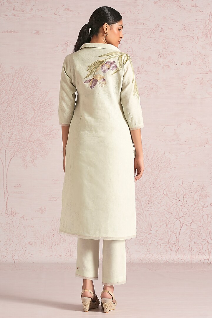 Bonny Green Linen Blend Printed & Embroidered Kurta Set by Kaveri at Pernia's Pop Up Shop