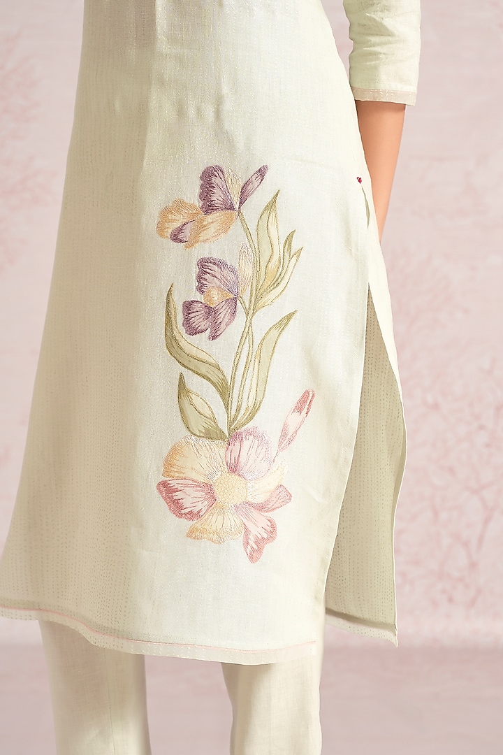 Bonny Green Linen Blend Printed & Embroidered Kurta Set by Kaveri at Pernia's Pop Up Shop