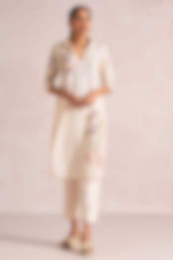 Parchment-Colored Linen Blend Printed & Embroidered Kurta Set by Kaveri at Pernia's Pop Up Shop