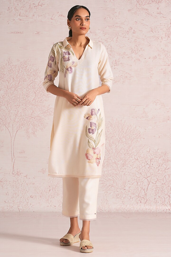 Parchment-Colored Linen Blend Printed & Embroidered Kurta Set by Kaveri at Pernia's Pop Up Shop