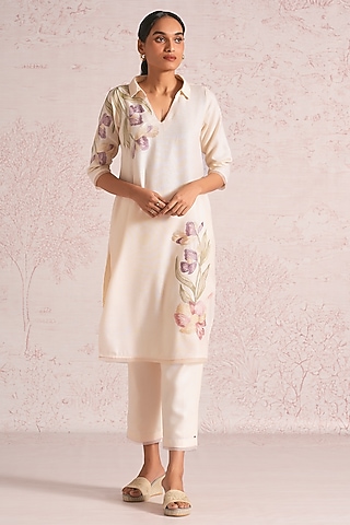 Parchment-Colored Linen Blend Printed & Embroidered Kurta Set by Kaveri