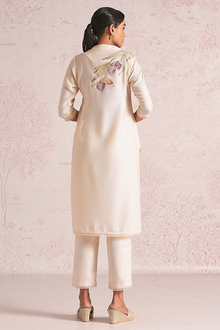 Parchment-Colored Linen Blend Printed & Embroidered Kurta Set by Kaveri at Pernia's Pop Up Shop