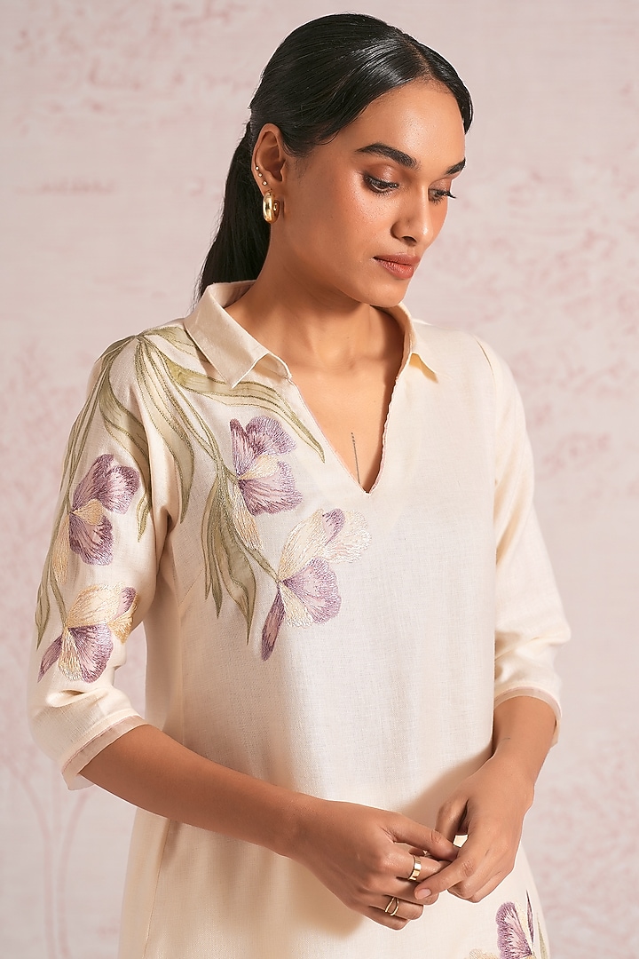 Parchment-Colored Linen Blend Printed & Embroidered Kurta Set by Kaveri at Pernia's Pop Up Shop
