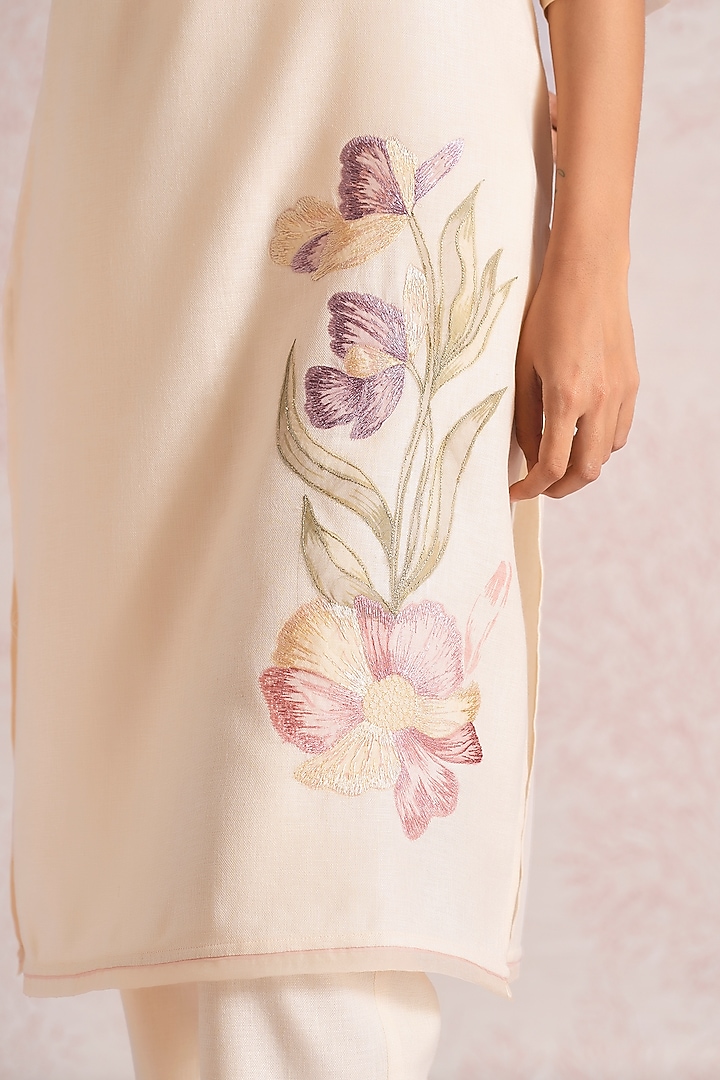 Parchment-Colored Linen Blend Printed & Embroidered Kurta Set by Kaveri at Pernia's Pop Up Shop