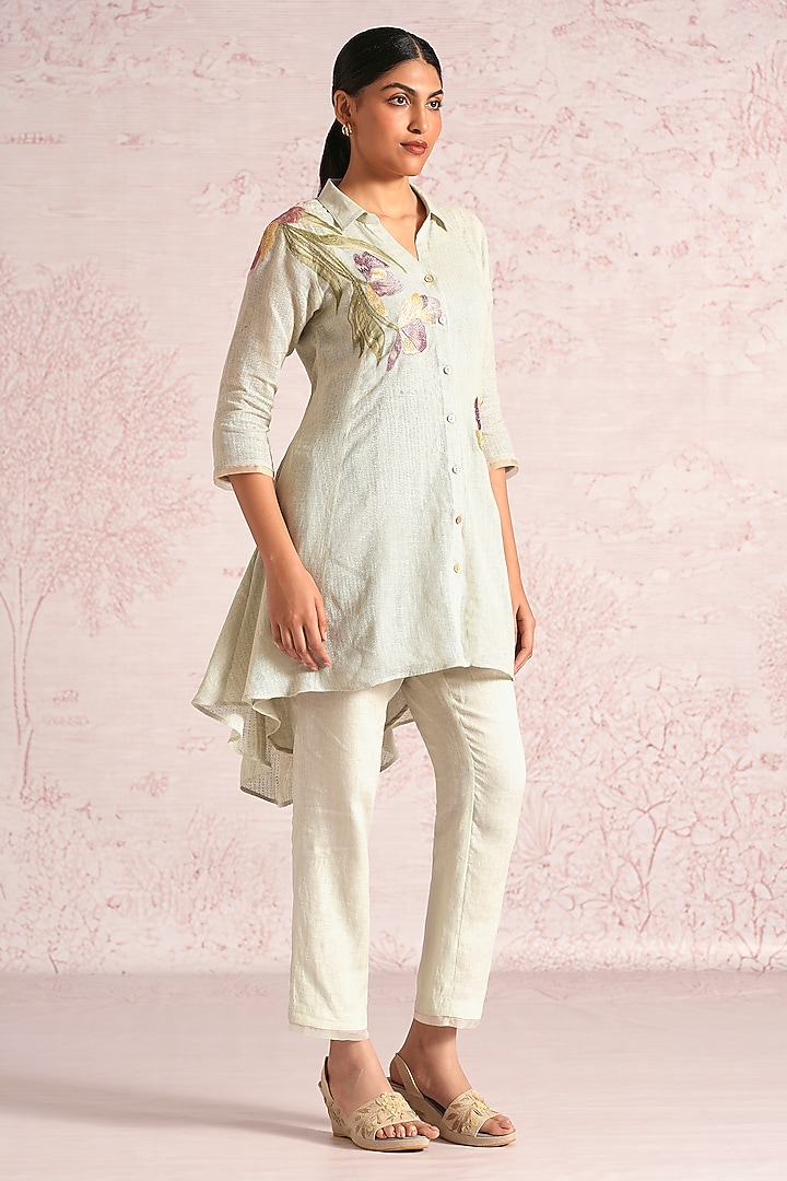 Bonny Green Linen Blend Applique Embroidered Co-Ord Set by Kaveri at Pernia's Pop Up Shop