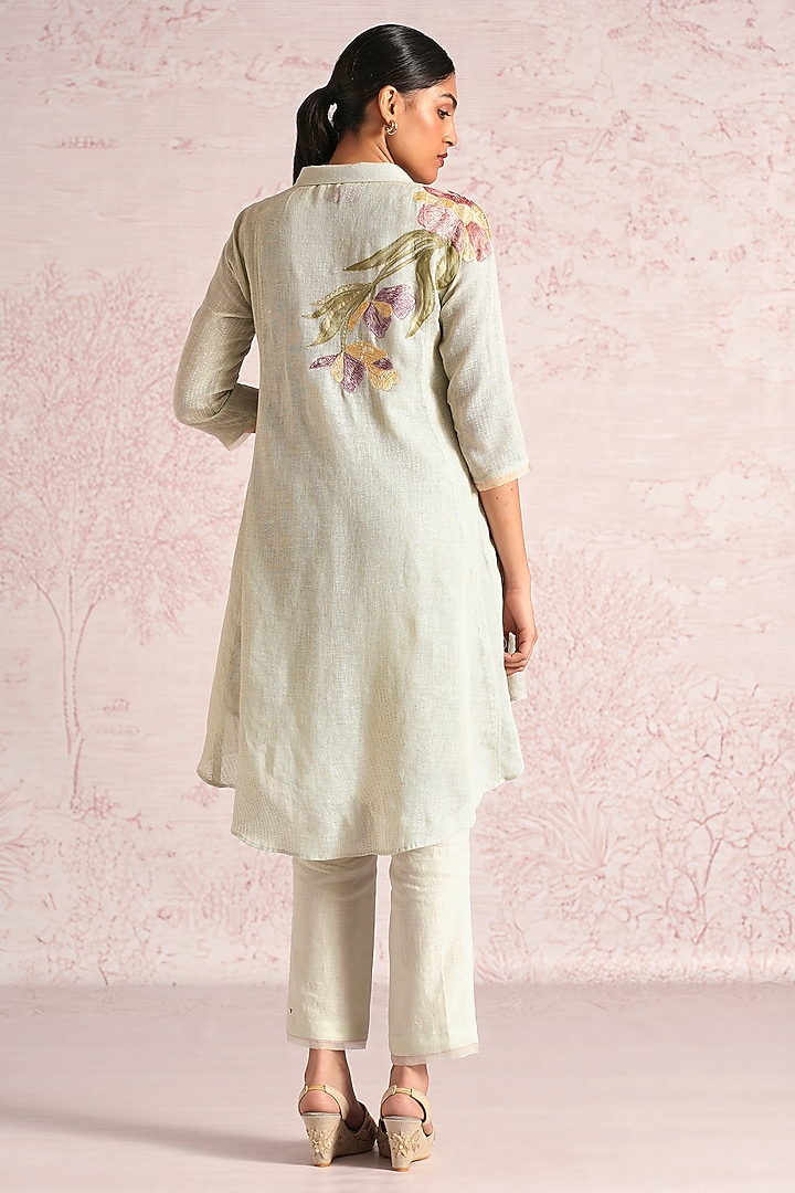 Bonny Green Linen Blend Applique Embroidered Co-Ord Set by Kaveri at Pernia's Pop Up Shop
