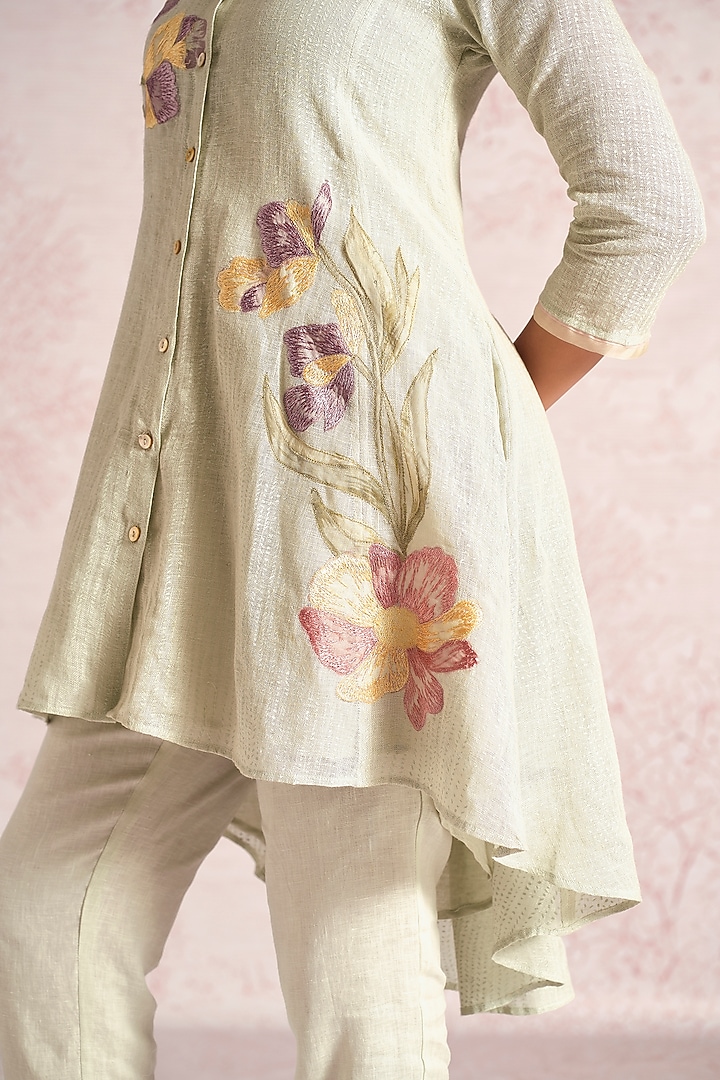 Bonny Green Linen Blend Applique Embroidered Co-Ord Set by Kaveri at Pernia's Pop Up Shop