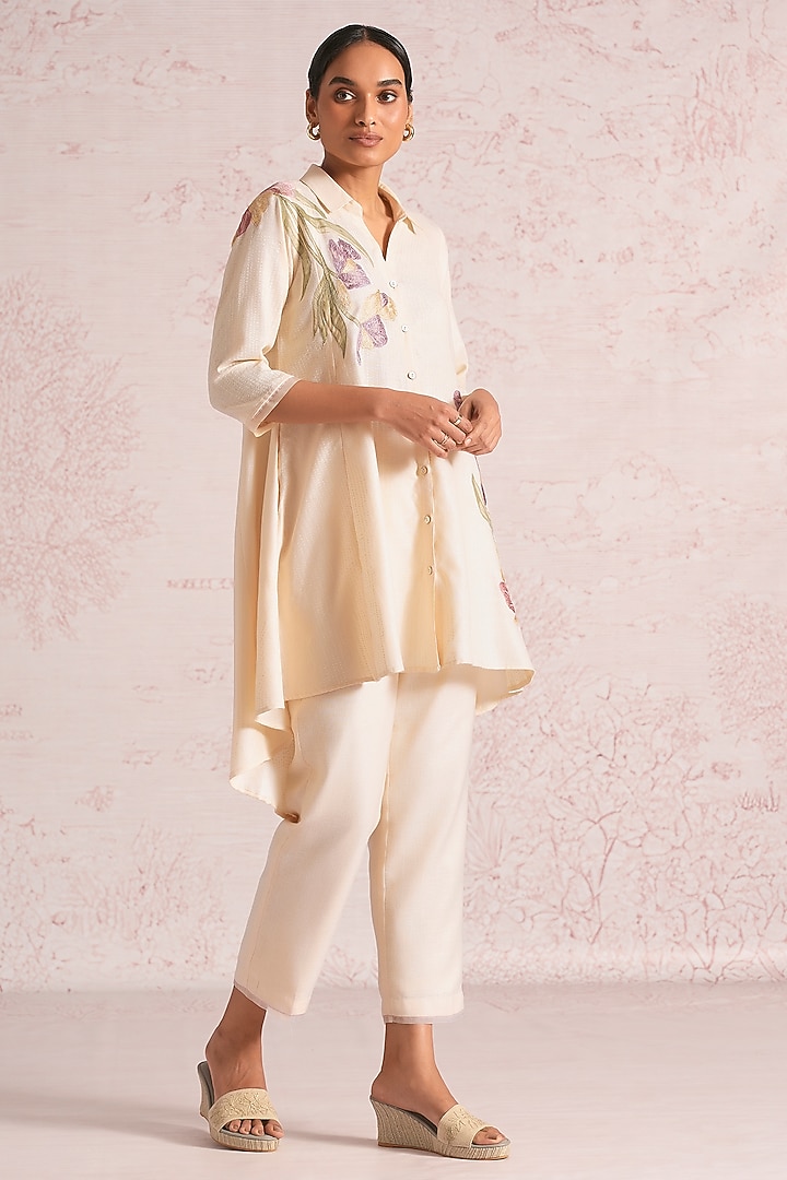 Parchment-Colored Linen Blend Applique Embroidered Co-Ord Set by Kaveri at Pernia's Pop Up Shop