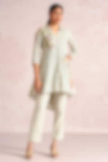 Bonny Green Linen Blend Printed & Embroidered Top by Kaveri at Pernia's Pop Up Shop