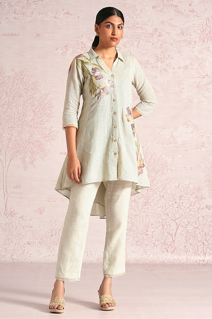 Bonny Green Linen Blend Printed & Embroidered Top by Kaveri at Pernia's Pop Up Shop