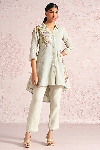 Bonny Green Linen Blend Printed & Embroidered Top by Kaveri