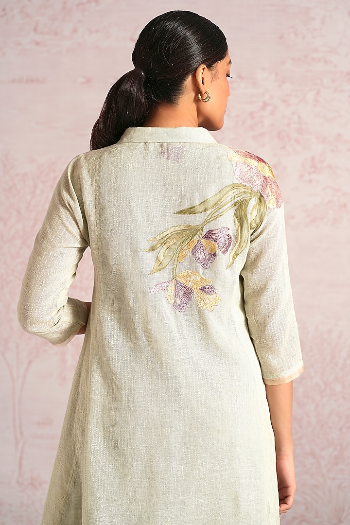 Bonny Green Linen Blend Printed & Embroidered Top by Kaveri at Pernia's Pop Up Shop