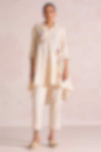 Parchment-Colored Linen Blend Printed & Embroidered Top by Kaveri at Pernia's Pop Up Shop