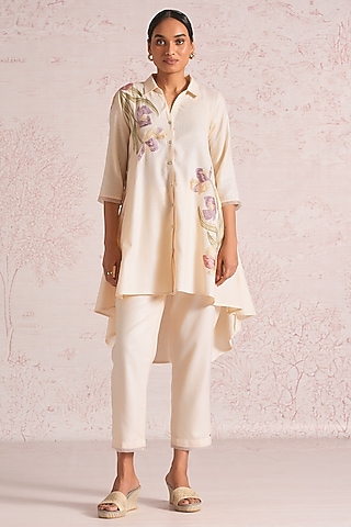 Parchment-Colored Linen Blend Printed & Embroidered Top by Kaveri