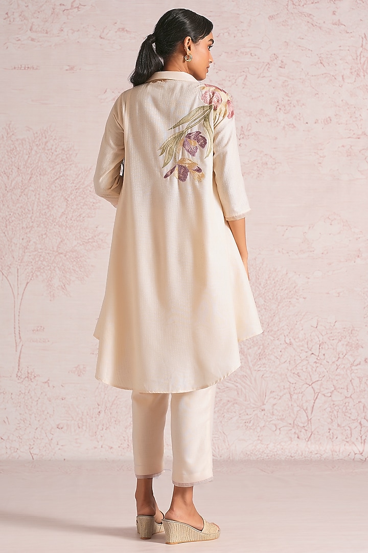 Parchment-Colored Linen Blend Printed & Embroidered Top by Kaveri at Pernia's Pop Up Shop