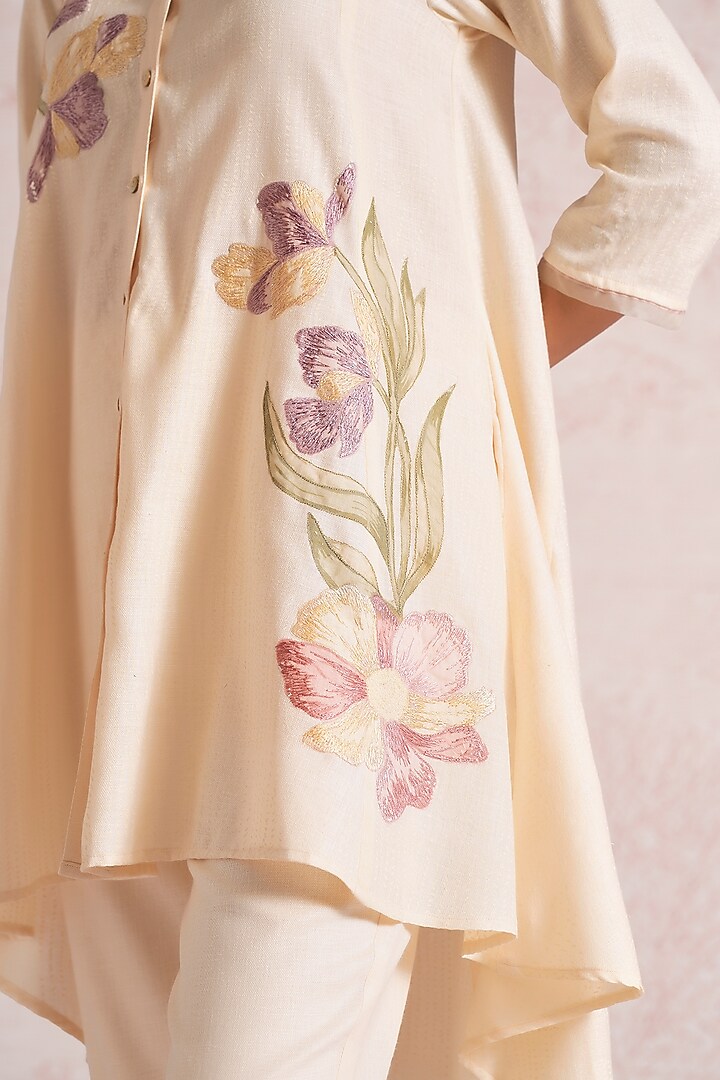 Parchment-Colored Linen Blend Printed & Embroidered Top by Kaveri at Pernia's Pop Up Shop