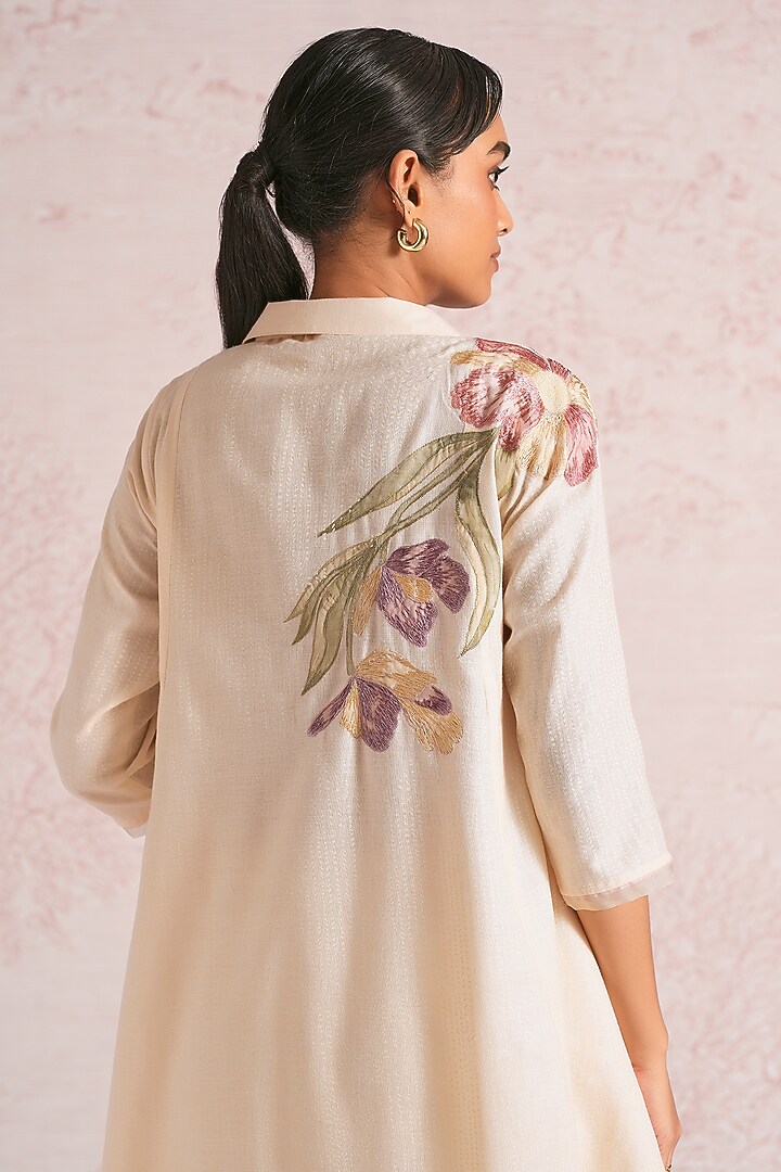 Parchment-Colored Linen Blend Printed & Embroidered Top by Kaveri at Pernia's Pop Up Shop