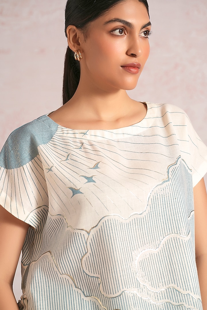 Off-White & Blueberry Linen Blend Printed Co-Ord Set by Kaveri at Pernia's Pop Up Shop