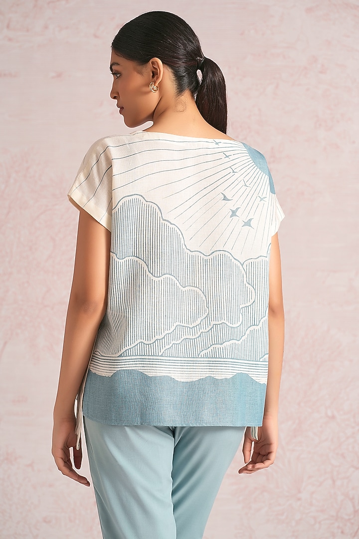 Off-White & Blueberry Linen Blend Printed Top by Kaveri at Pernia's Pop Up Shop