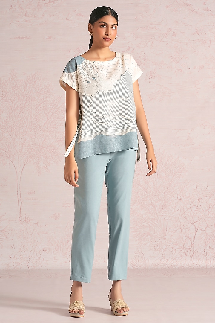 Off-White & Blueberry Linen Blend Printed Top by Kaveri at Pernia's Pop Up Shop