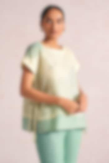 Lane Green & Sea Green Linen Blend Printed Top by Kaveri at Pernia's Pop Up Shop