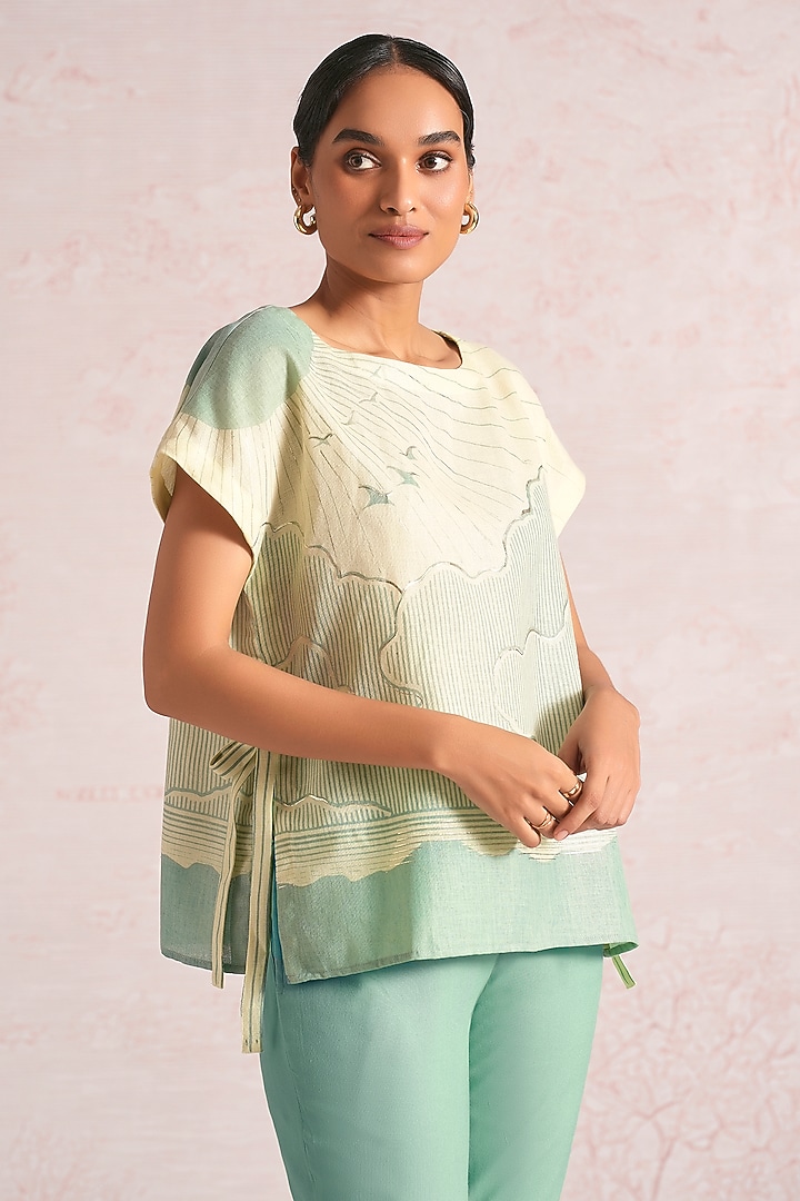 Lane Green & Sea Green Linen Blend Printed Top by Kaveri at Pernia's Pop Up Shop