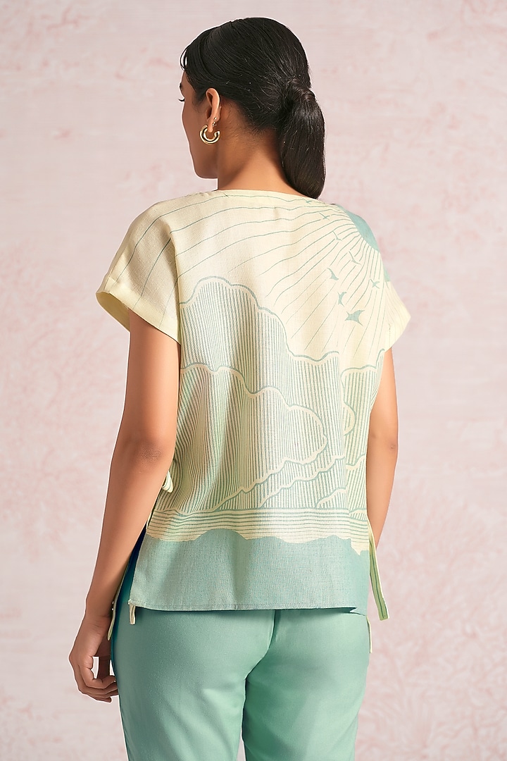 Lane Green & Sea Green Linen Blend Printed Top by Kaveri at Pernia's Pop Up Shop