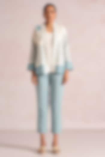 Off-White & Blueberry Linen Blend Printed Co-Ord Set by Kaveri at Pernia's Pop Up Shop