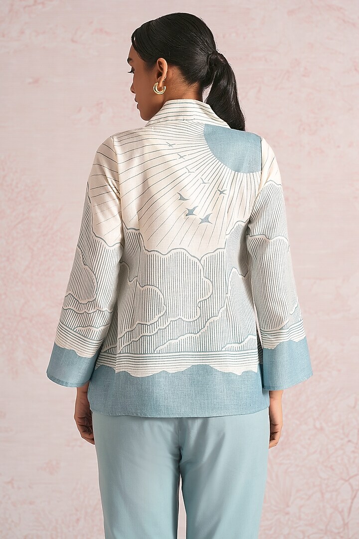 Off-White & Blueberry Linen Blend Printed Co-Ord Set by Kaveri at Pernia's Pop Up Shop