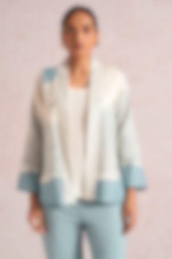 Off-White & Blueberry Linen Blend Printed Jacket by Kaveri at Pernia's Pop Up Shop