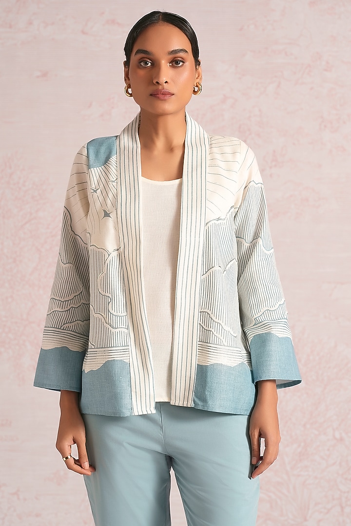 Off-White & Blueberry Linen Blend Printed Jacket by Kaveri at Pernia's Pop Up Shop