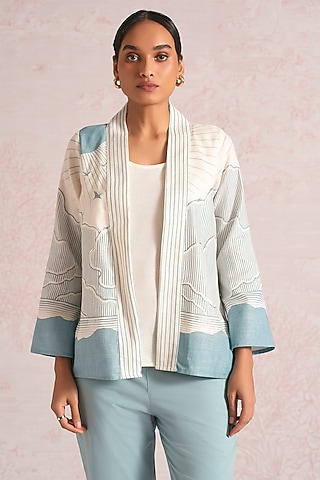 Off-White & Blueberry Linen Blend Printed Jacket by Kaveri