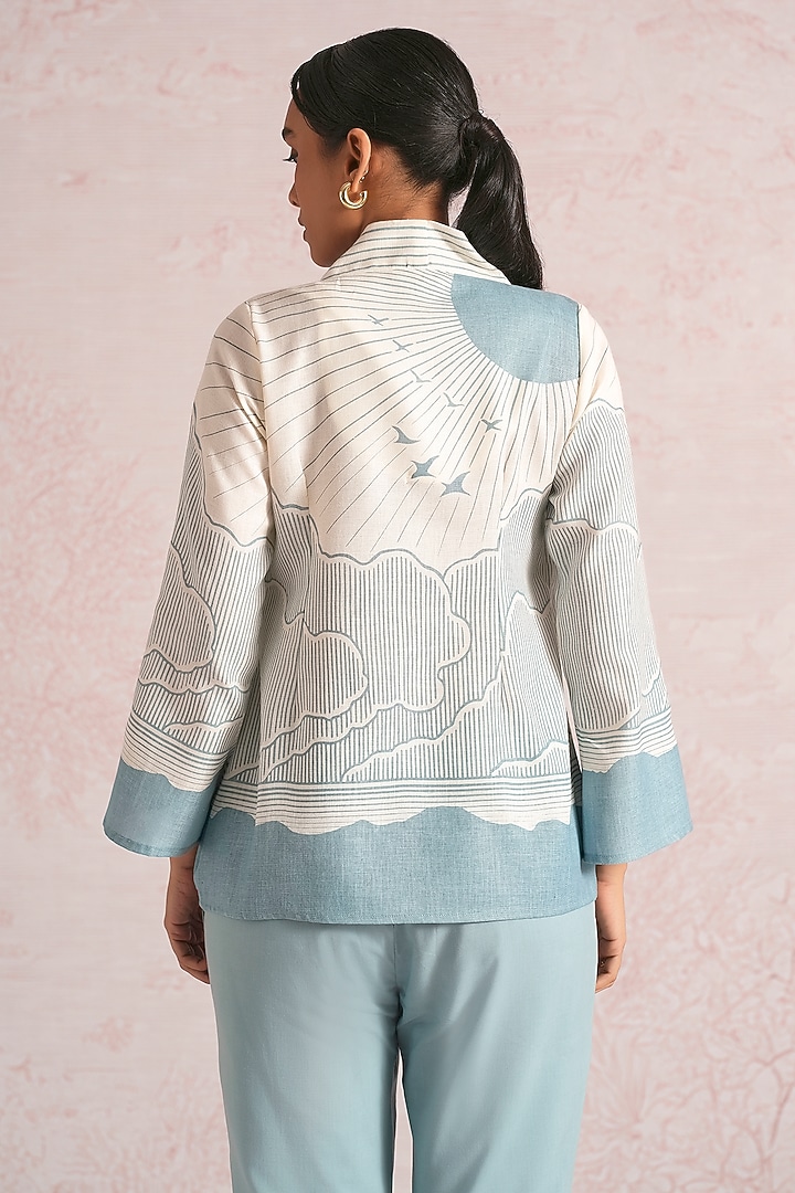 Off-White & Blueberry Linen Blend Printed Jacket by Kaveri at Pernia's Pop Up Shop
