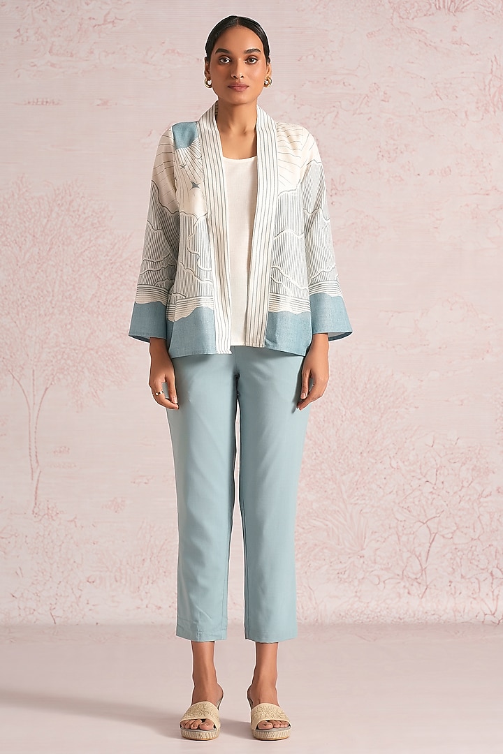 Off-White & Blueberry Linen Blend Printed Jacket by Kaveri at Pernia's Pop Up Shop