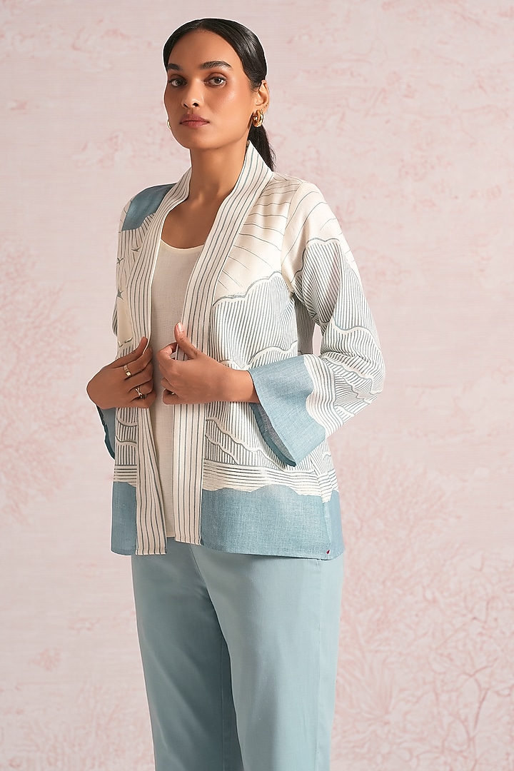 Off-White & Blueberry Linen Blend Printed Jacket by Kaveri at Pernia's Pop Up Shop