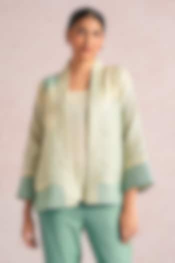 Lane Green & Sea Green Linen Blend Printed Jacket by Kaveri at Pernia's Pop Up Shop