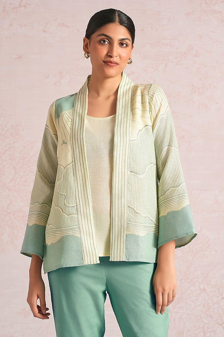 Lane Green & Sea Green Linen Blend Printed Jacket by Kaveri at Pernia's Pop Up Shop