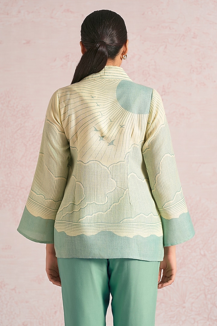 Lane Green & Sea Green Linen Blend Printed Jacket by Kaveri at Pernia's Pop Up Shop