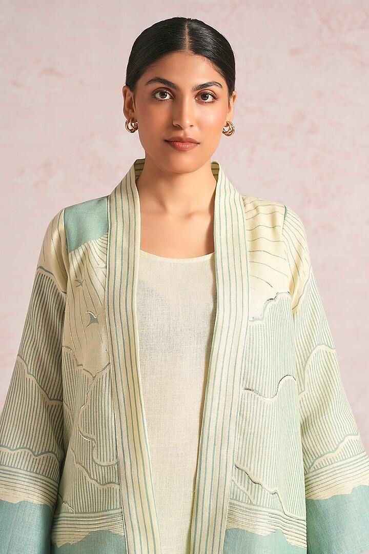 Lane Green & Sea Green Linen Blend Printed Jacket by Kaveri at Pernia's Pop Up Shop