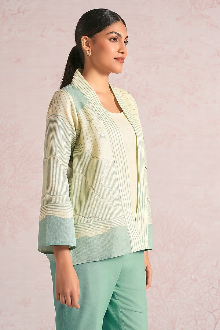 Lane Green & Sea Green Linen Blend Printed Jacket by Kaveri at Pernia's Pop Up Shop
