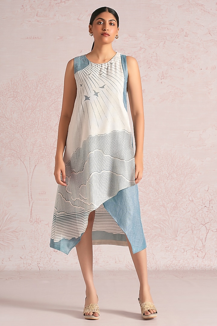 Off-White & Blueberry Linen Blend Printed Layered Midi Summer Dress by Kaveri at Pernia's Pop Up Shop