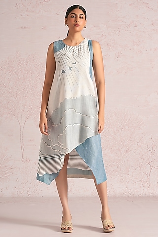 Off-White & Blueberry Linen Blend Printed Layered Midi Dress by Kaveri