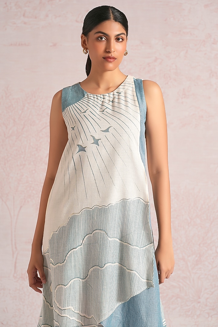 Off-White & Blueberry Linen Blend Printed Layered Midi Summer Dress by Kaveri at Pernia's Pop Up Shop
