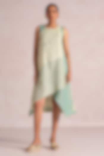 Lane Green & Sea Green Linen Blend Printed Layered Midi Summer Dress by Kaveri at Pernia's Pop Up Shop