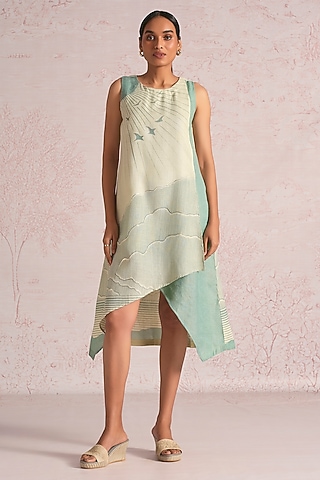 Lane Green & Sea Green Linen Blend Printed Layered Midi Dress by Kaveri