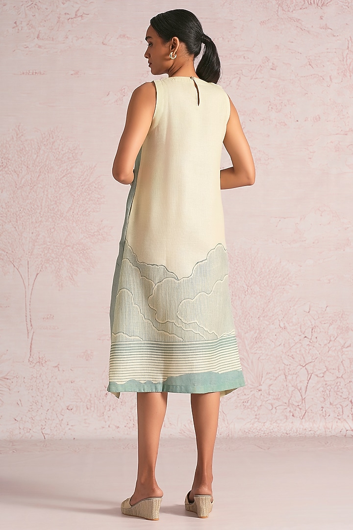 Lane Green & Sea Green Linen Blend Printed Layered Midi Summer Dress by Kaveri at Pernia's Pop Up Shop