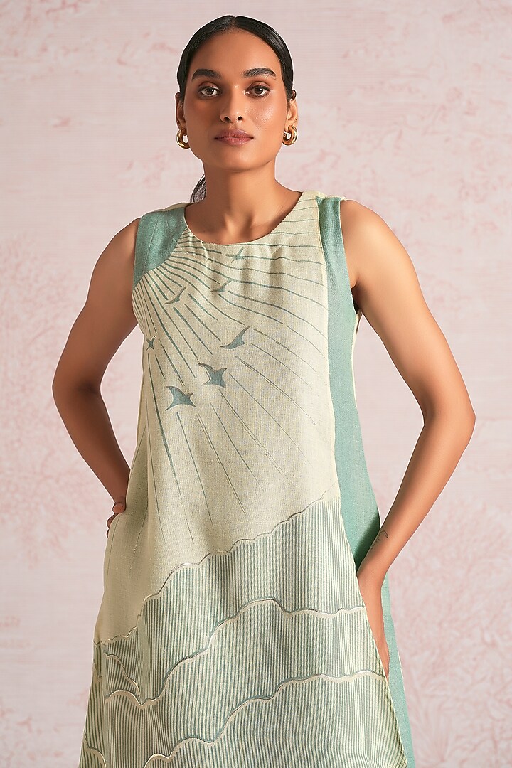 Lane Green & Sea Green Linen Blend Printed Layered Midi Summer Dress by Kaveri at Pernia's Pop Up Shop