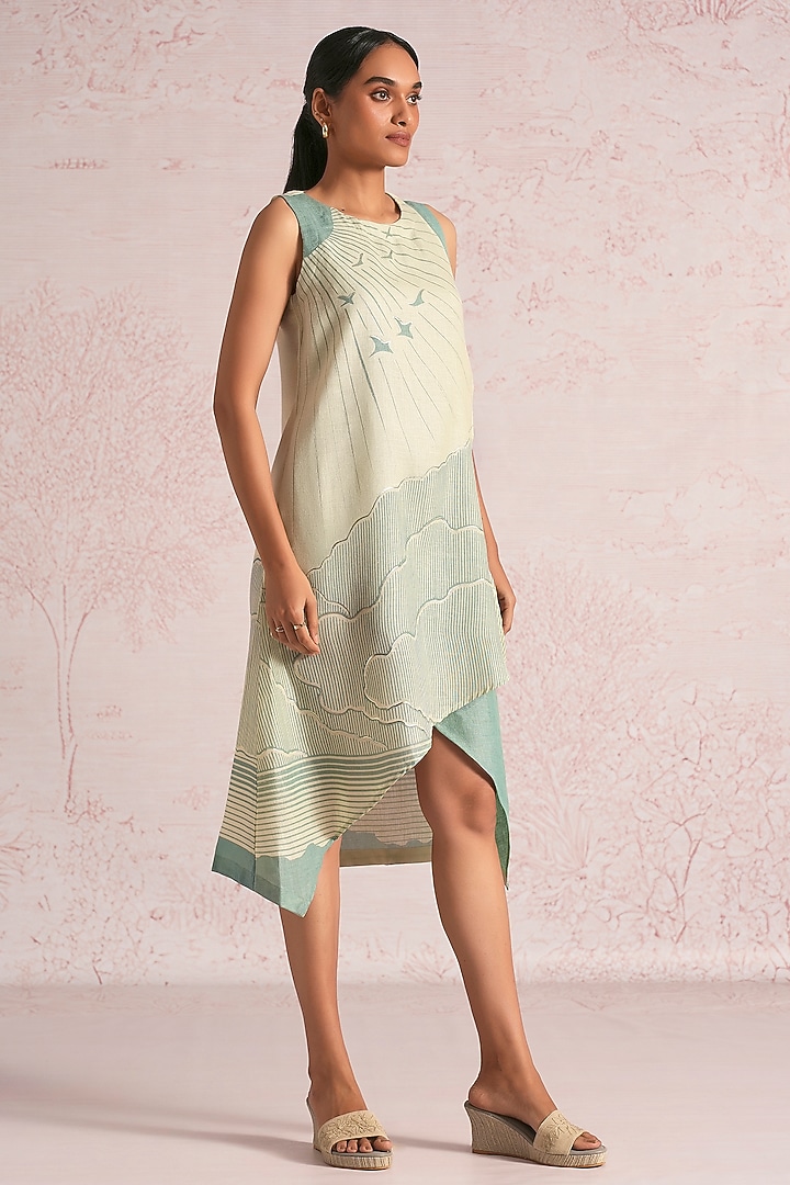 Lane Green & Sea Green Linen Blend Printed Layered Midi Summer Dress by Kaveri at Pernia's Pop Up Shop